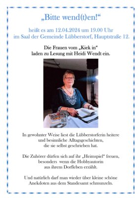 Veranstaltung: Lesung mit Heidi Wendt in L&uuml;bberstorf