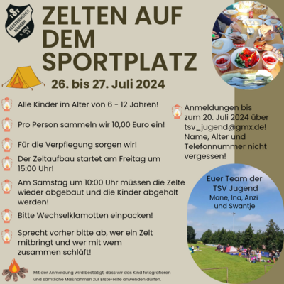 Veranstaltung: Zelten auf dem Sportplatz vom 26. auf den 27. Juli 2024