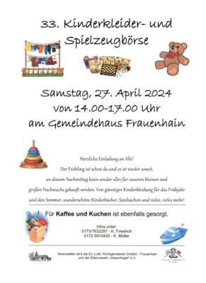 Veranstaltung: 33. Kinderkleider- und Spielzeugbörse in Frauenhain