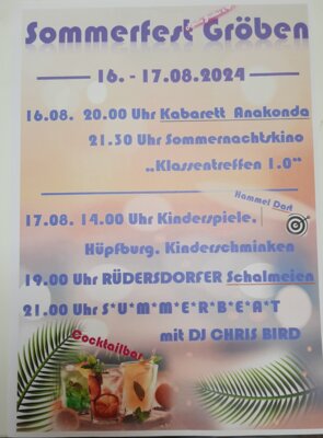 Veranstaltung: Sommerfest in Gröben - Kabarett; Kino; Kinderzeit; Schalmeien; Disco