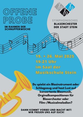 Veranstaltung: Offene Probe Symphonisches Blasorchester der Stadt Stein 19.  -  26. Mai 2025
