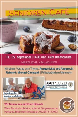 Veranstaltung: Senioren-Café mit Vortrag "Ausgetrickst und Abgezockt" von der Polizei Mannheim Fr 27.09.2024