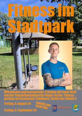Plakat zur Veranstaltung - Jonas Wolf im Vordergrund, im Hintergrund Blick auf den Pavillon und Fitnessgeräte im Kremmener Stadtpark