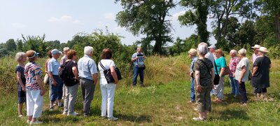 Oderbruchguide Klaus Ahrendt in der Küstriner Altstadt mit einer Reisegruppe (Bild vergrößern)
