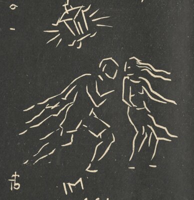 Friedrich Bernhardt: Atelierspuk im Schlosskeller, Linolschnitt 1952, Ausschnit aus einem Flugblatt