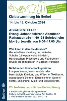Veranstaltung: Kleidersammlung für Bethel 14. - 18. Okt 2024