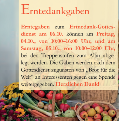 Veranstaltung: Abgabe Erntegaben Fr 04.10.2024