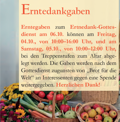 Veranstaltung: Abgabe Erntegaben Sa 05. 10. 2024