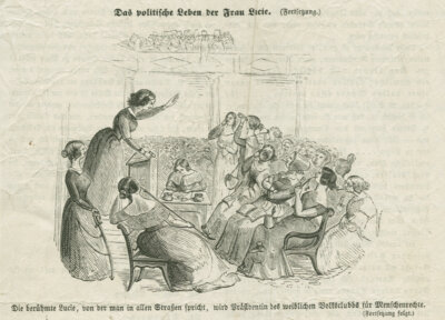 Lucie Lenz auf einer zeitgenössischen Karikatur, um 1848 (Landesarchiv Berlin)