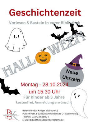 Veranstaltung: Vorlese- und Bastelstunde für Kinder ab 3 Jahre zum Thema Halloween. Mo 28. 10. 2024