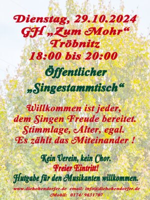 Veranstaltung: Öffentlicher Singestammtisch im "Gasthaus zum Mohr" Tröbnitz Di 29.10.2024