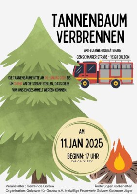 Tannenbaumverbrennen in Golzow (Oderbruch) am Samstag, den 11. Januar 2025, 17 - 21 Uhr, an der Feuerwehr