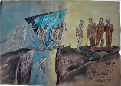 Abbildung Georg Tauber: ‚Die Last‘ zu dem Problem ‚Die Vergessenen!‘, Aquarell- und Tuschezeichnung 1946, entstanden für die KZ-Arbeitsgemeinschaft „Die Vergessenen“ und deren gleichnamiger Zeitschrift, KZ-Gedenkstätte Dachau, DaA L 992/55/45111, Leihgabe von Tobias Hofer, Lisa Gobmeier und Simon Gobmeier