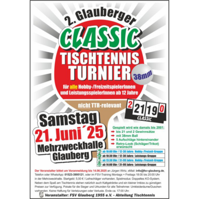 Veranstaltung: Tischtennis Classic-Turnier FSV Glauberg Sa 21. 06. 2025