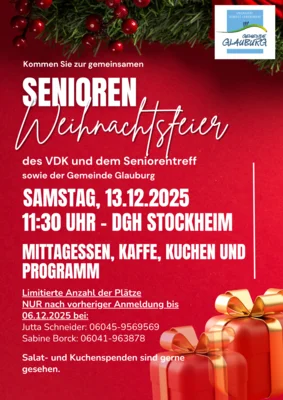 Veranstaltung: Seniorenweihnachtsfeier VDK, Seniorentreff & Gemeinde Glauburg Sa 13.​12.​2025
