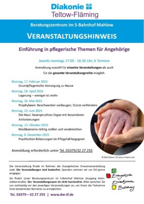 Veranstaltung: Einführung in pflegerische Themen für Angehörige Mo 26. 05. 2025
