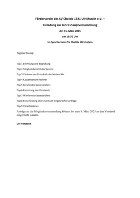 Einladung mit Tagesordnung zur JHV des Förderverein SV Chattia 1921 e. V.