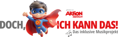 Das Bild zeigt das Logo des Musikprojekts: Ein fliegendes Männchen in einem blauen Anzug, mit einer blauen Maske über den Augen und einem roten, wehenden Umhang. Das Männchen streckt die Faust vor wie Superman. Auf dem Anzug steht in Brusthöhe in einem roten Kreis mit gelben Buschstaben D! geschrieben. Der Buchstabe mit dem Aus¬rufe¬zeichen steht für den Titel des Projekts: „Doch, ich kann das!“ Das Wort Doch steht in grau links und der Rest des Titels in roten Buchstaben rechts neben dem Männchen. Darunter einige Noten und der Text Das inklusive Musikprojekt. Auch ist auf dem Bild „gefördert von der Aktion Mensch“ zu lesen.