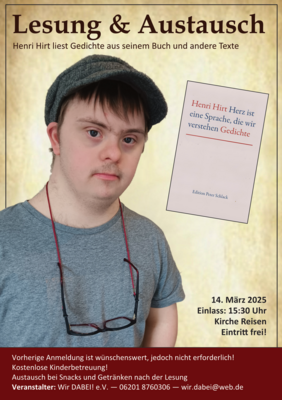 Das Bild zeigt den Flyer zu der Veranstaltung, auf welchem auch Henri Hirt groß zu sehen ist.