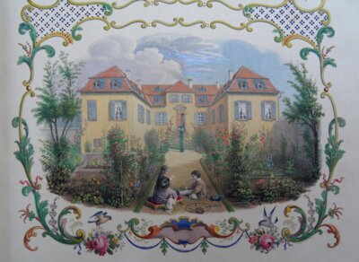 Der Hund als Spielgefährte vor dem Ulnerschlösschen, um 1850, Aquarell von Charles Regnier, Original in Privatbesitz
