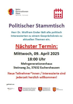 Veranstaltung: Politischer Stammtisch Mi 09. 04. 2025