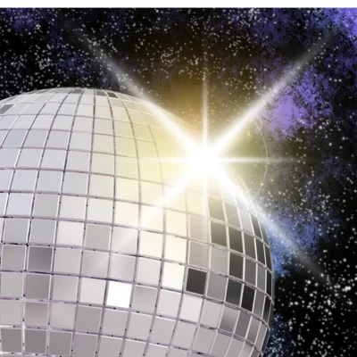 Eine Disco-Kugel, funkend, vor einem Sternenhimmel.