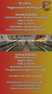 Veranstaltung: Jubiläumsturnier KV Hemsbach 1955 e.V. 23.  -  24. Aug 2025