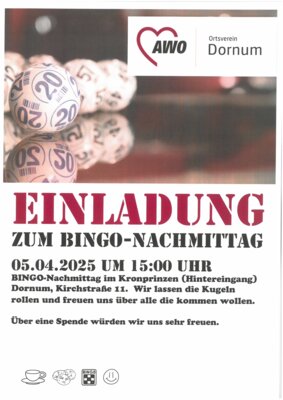 Veranstaltung: Bingo-Nachmittag der AWO Dornum Sa 05. 04. 2025