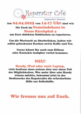 Veranstaltung: Reparatur Café Fr 04. 04. 2025