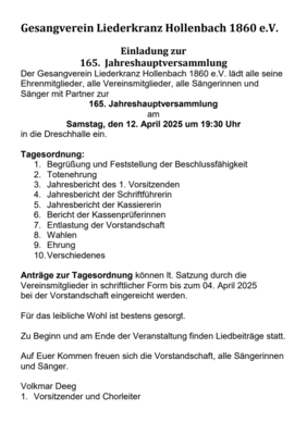 Veranstaltung: Jahreshauptversammlung Liederkranz Hollenbach Sa 12. 04. 2025