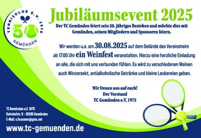 Veranstaltung: Jubiläumsevent 2025 - Weinfest TC Gemünden Sa 30. 08. 2025
