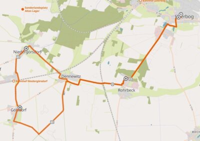 Streckenverlauf 23 km: Rohrbeck - Dennewitz - Gölsdorf - Niedergörsdorf (Bild vergrößern)