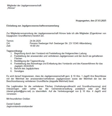 Einladung zur Versammlung mit weiteren Hinweisen