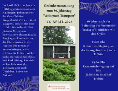Veranstaltung: Gedenkveranstaltung zum 80. Jahrestag "Verlorenen Transport" Mo 28. 04. 2025