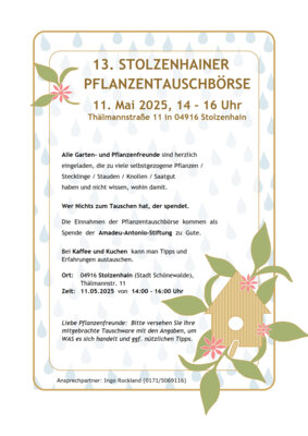 Veranstaltung: 13. STOLZENHAINER PFLANZENTAUSCHBÖRSE So 11. 05. 2025