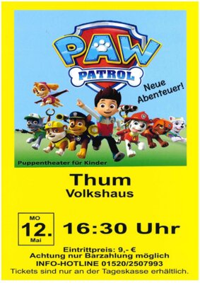 Veranstaltung: Puppentheater für Kinder - PAW Patrol mit neuen Abenteuern! Mo 12. 05. 2025