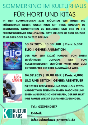 Veranstaltung: Sommerkino im Kulturhaus Pritzwalk Mi 30. 07. 2025