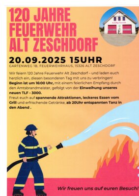 Veranstaltung: 120 Jahre Feuerwehr Alt Zeschdorf Sa 20. 09. 2025