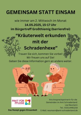 Veranstaltung: Seniorennachmittag - GEMEINSAM STATT EINSAMM" in Großthiemig Mi 14. 05. 2025