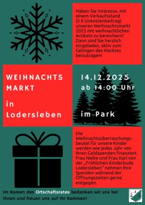 Weihnachtsmarkt Lodersleben am 14. DEzember ab 14 Uhr im Park