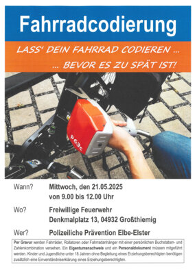 Veranstaltung: Fahrradcodierung Mi 21. 05. 2025