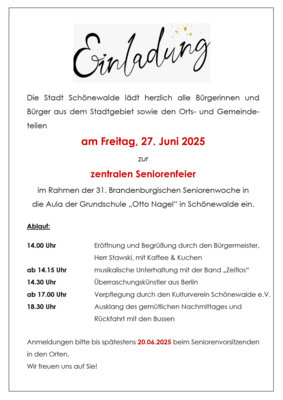 Veranstaltung: Einladung zur zentralen Seniorenfeier Fr 27. 06. 2025