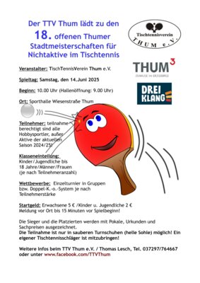 Veranstaltung: 18. Thumer Stadtmeisterschaft der Nichtaktiven im Tischtennis 2025 Sa 14. 06. 2025