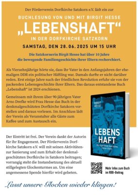 Veranstaltung: Der Förderverein Dorfkirche Satzkorn e.V. lädt ein zur Buchlesung in der Kirche Sa 28. 06. 2025