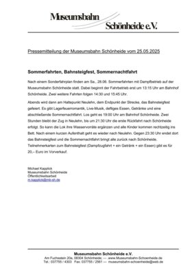 Veranstaltung: Sommerfahrten, Bahnsteigfest, Sommernachtfahrt Sa 28. 06. 2025