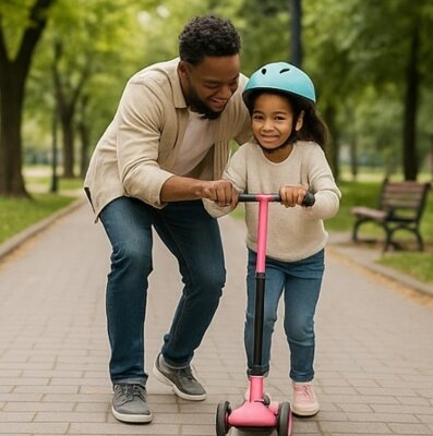Vater und Kind üben Rollerfahren