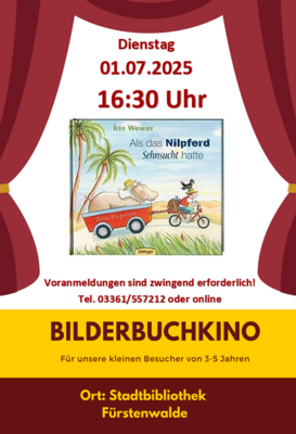 Veranstaltung: BilderBuchKino "Als das Nilpferd Sehnsucht hatte" Di 01. 07. 2025