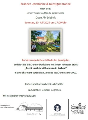 Veranstaltung: Krahner Dorfbühne - neues Stück ,,Recht herzlich willkommen in Krahne!“ So 20. 07. 2025
