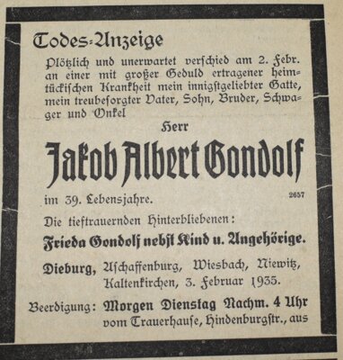 Todesanzeige in der Starkenburger Provinzialzeitung