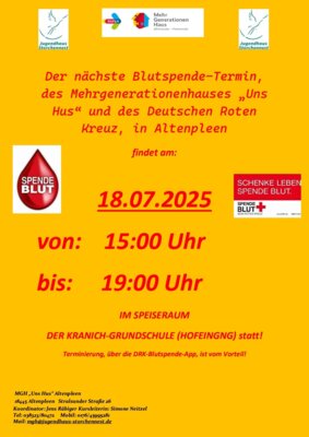 Veranstaltung: Blutspende-Aktion in Altenpleen am 18.07.2025 Fr 18.​07.​2025